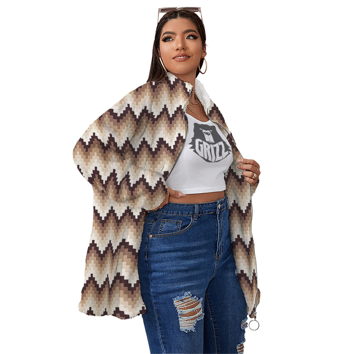 Zigzag Pixel Print Pattern Women's Sherpa Jacket-grizzshop