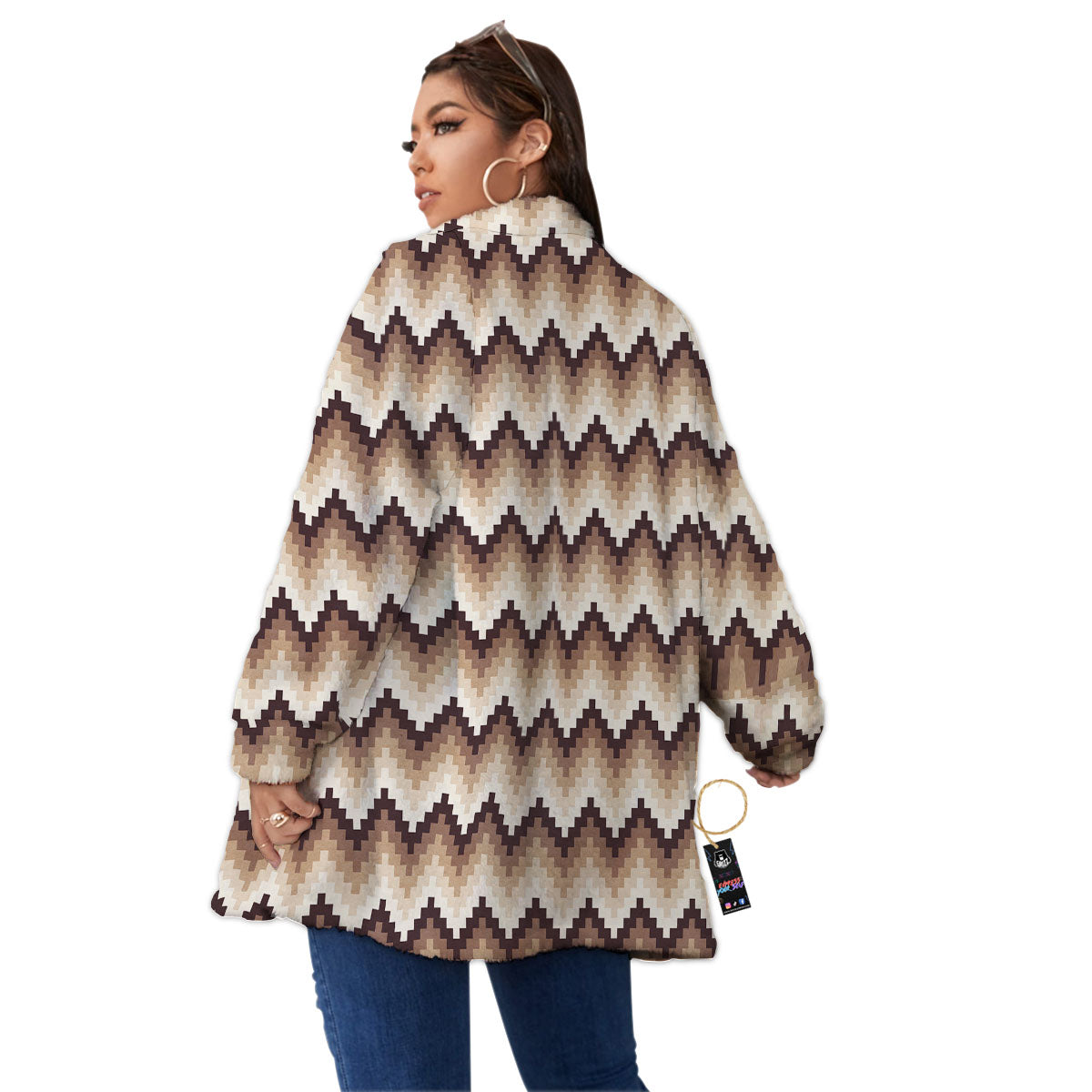 Zigzag Pixel Print Pattern Women's Sherpa Jacket-grizzshop