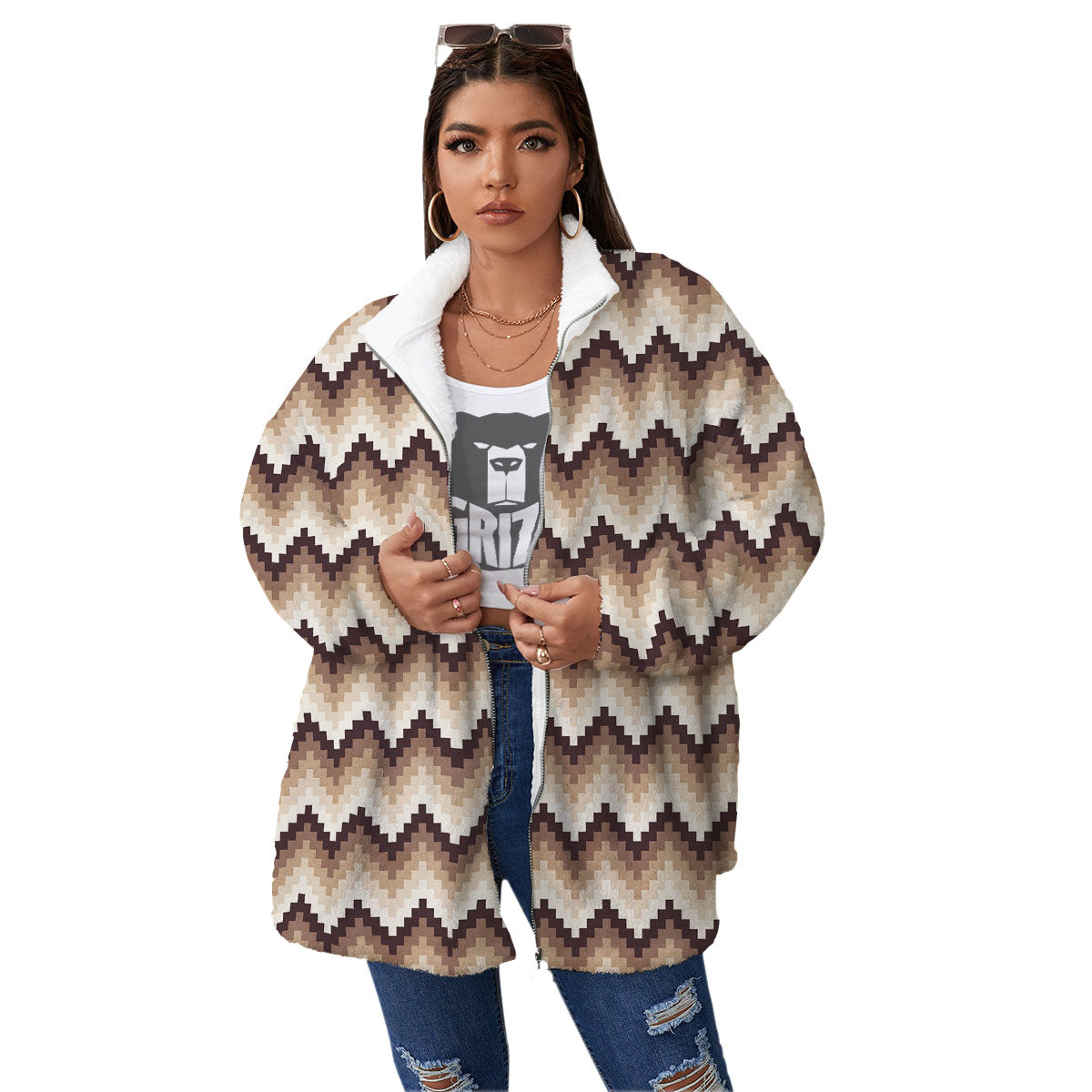 Zigzag Pixel Print Pattern Women's Sherpa Jacket-grizzshop