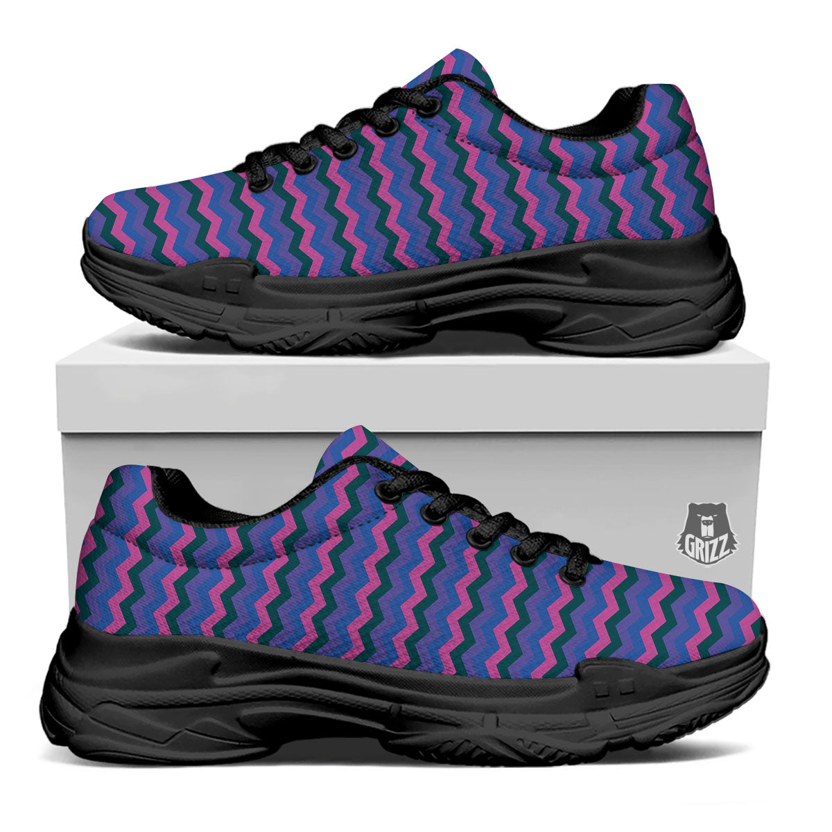 Zigzag Purple And Blue Print Pattern Black Chunky Shoes-grizzshop