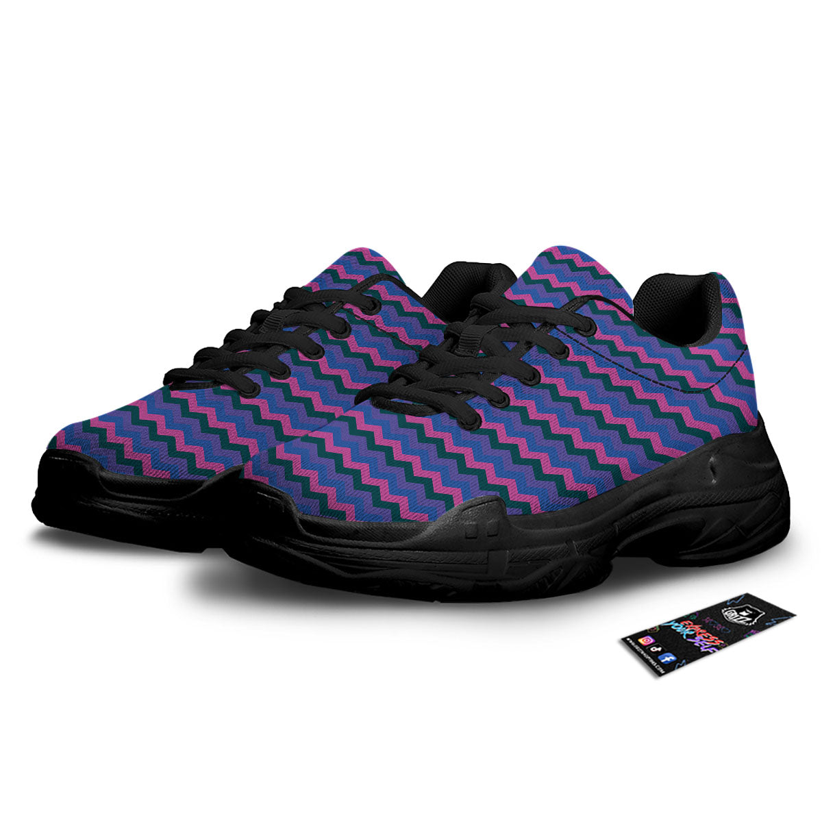 Zigzag Purple And Blue Print Pattern Black Chunky Shoes-grizzshop