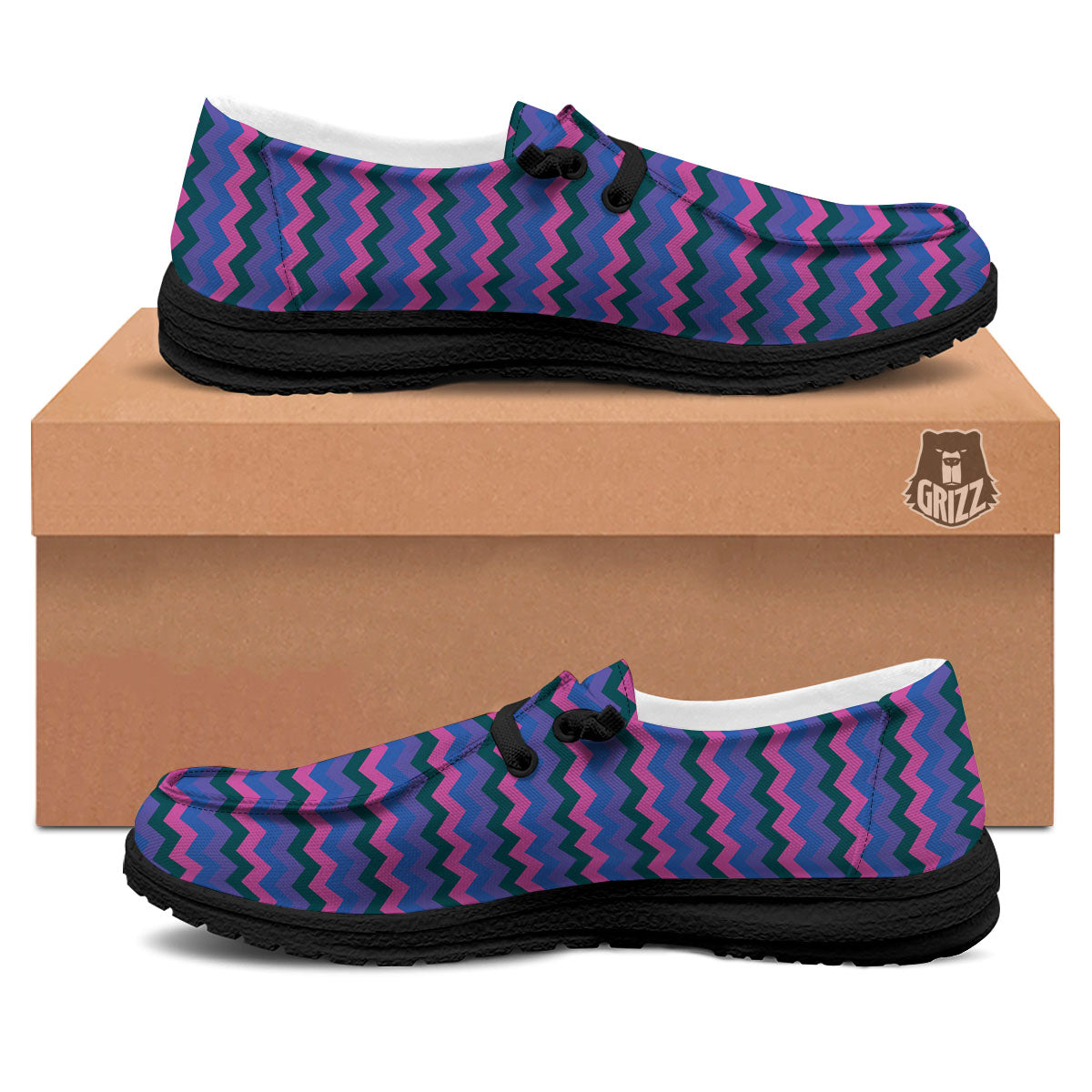 Zigzag Purple And Blue Print Pattern Black Loafers-grizzshop