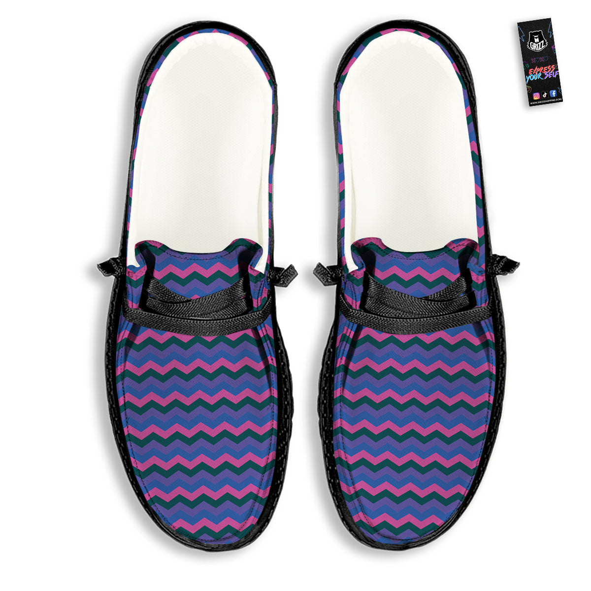 Zigzag Purple And Blue Print Pattern Black Loafers-grizzshop