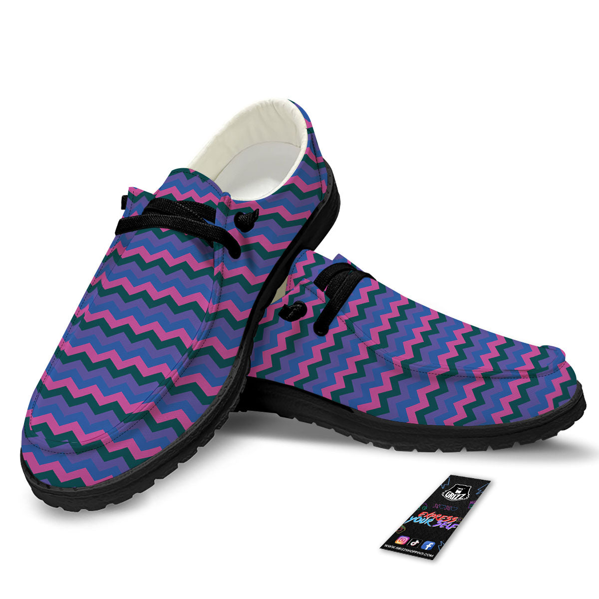 Zigzag Purple And Blue Print Pattern Black Loafers-grizzshop