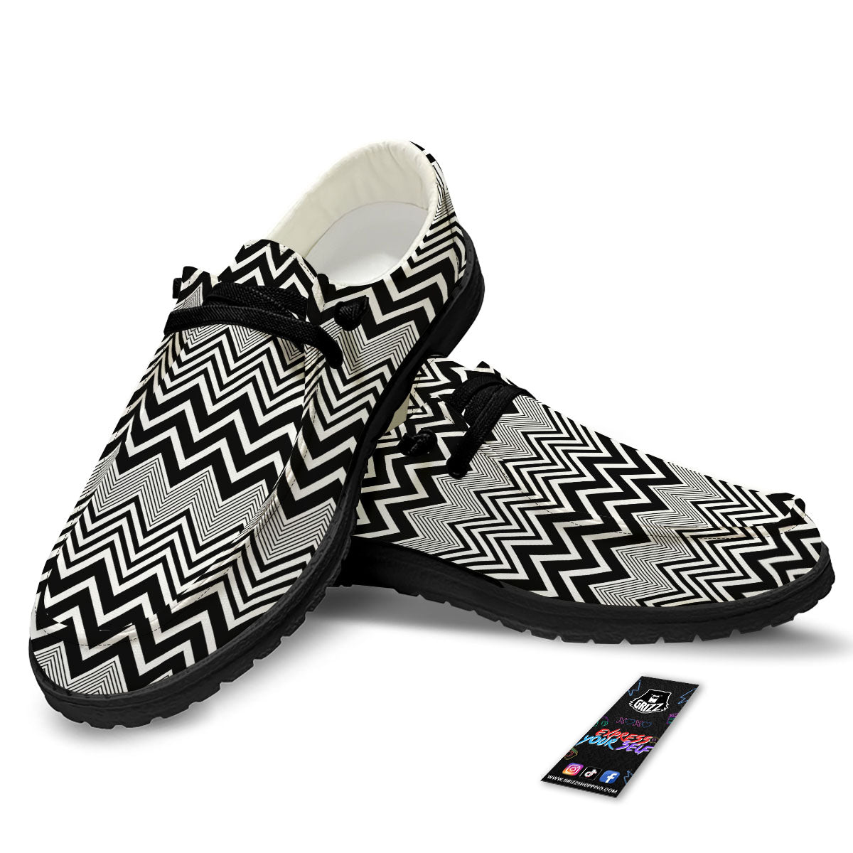 Zigzag White And Black Print Pattern Black Loafers-grizzshop
