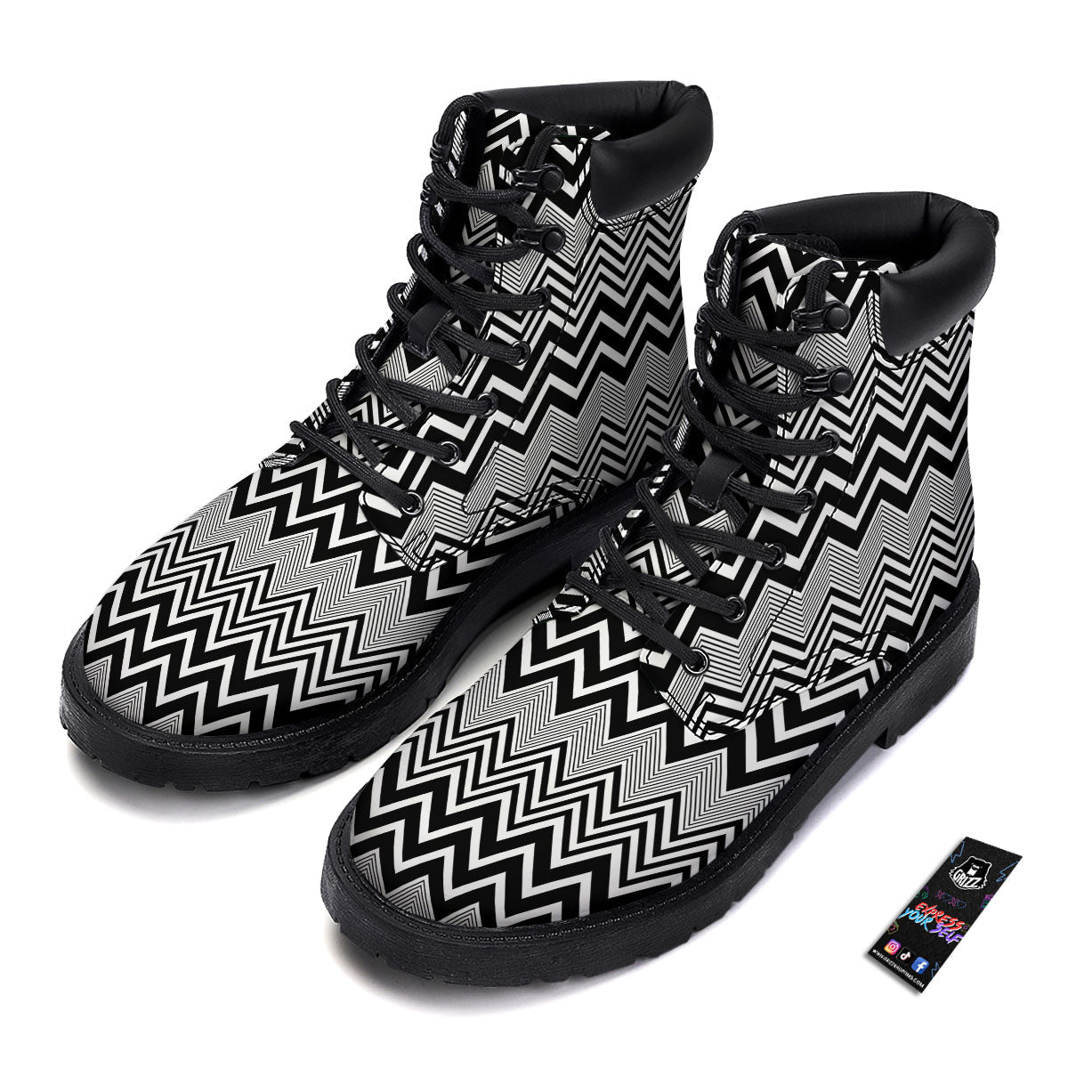 Zigzag White And Black Print Pattern Boots-grizzshop