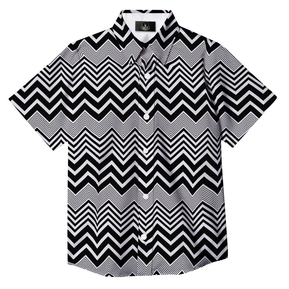 Zigzag White And Black Print Pattern Button Up Shirt-grizzshop