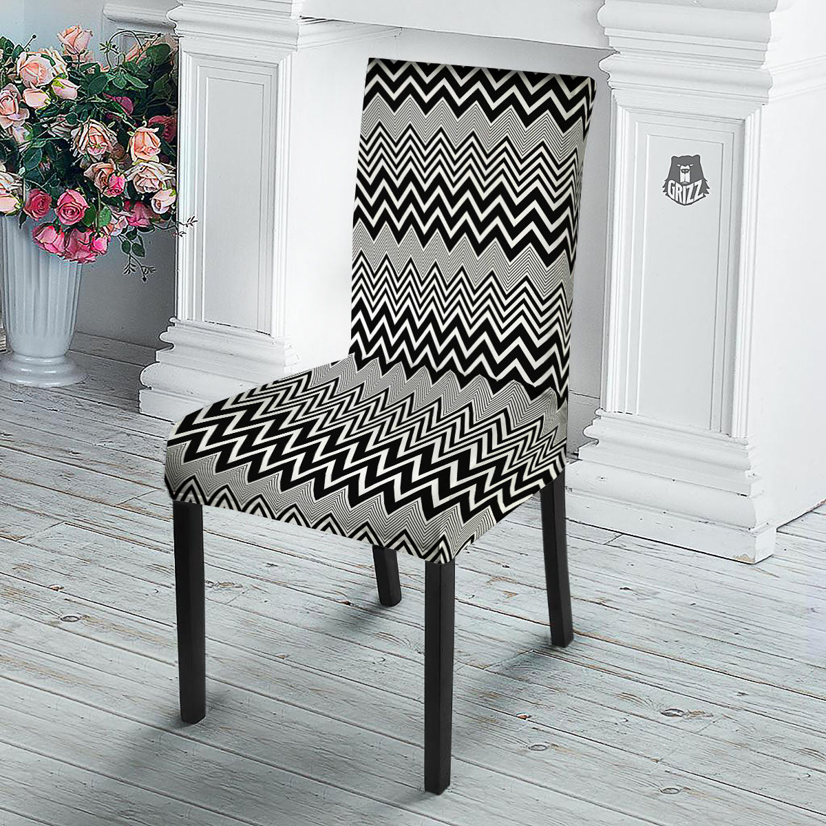Zigzag White And Black Print Pattern Dining Chair Slipcover-grizzshop