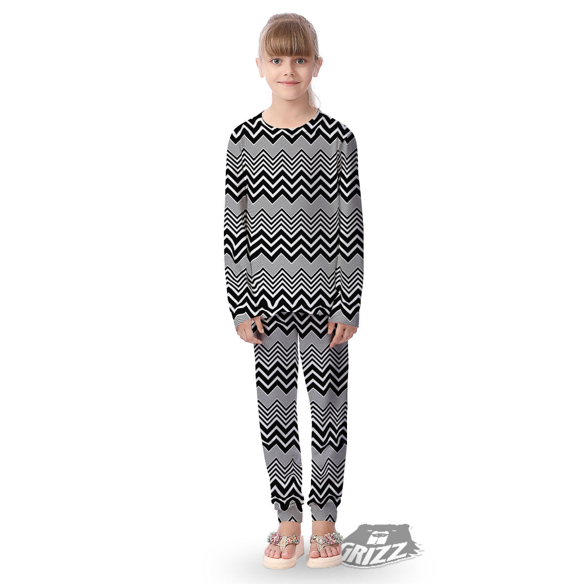 Zigzag White And Black Print Pattern Kid's Pajamas-grizzshop