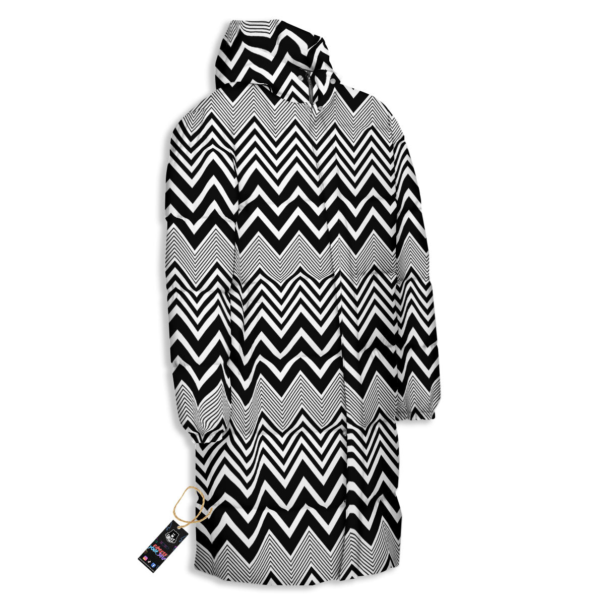 Zigzag White And Black Print Pattern Long Down Jacket-grizzshop