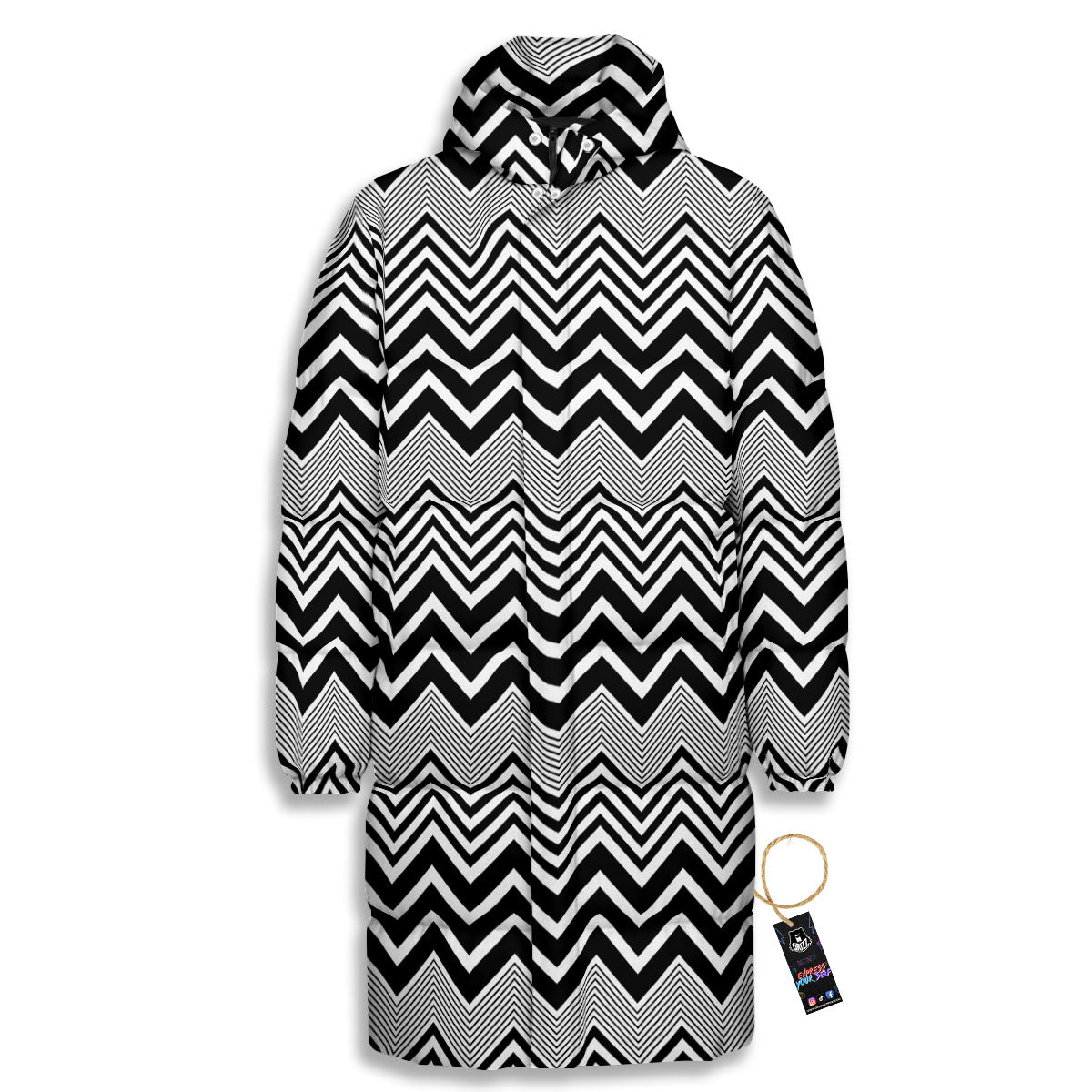 Zigzag White And Black Print Pattern Long Down Jacket-grizzshop