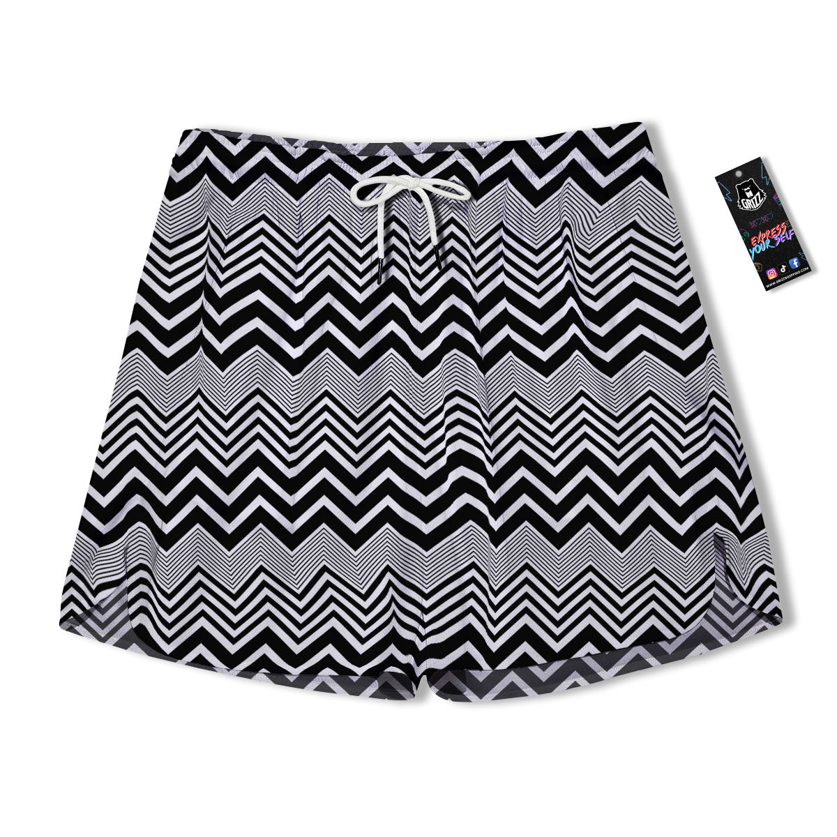 Zigzag White And Black Print Pattern Men's Running Shorts-grizzshop