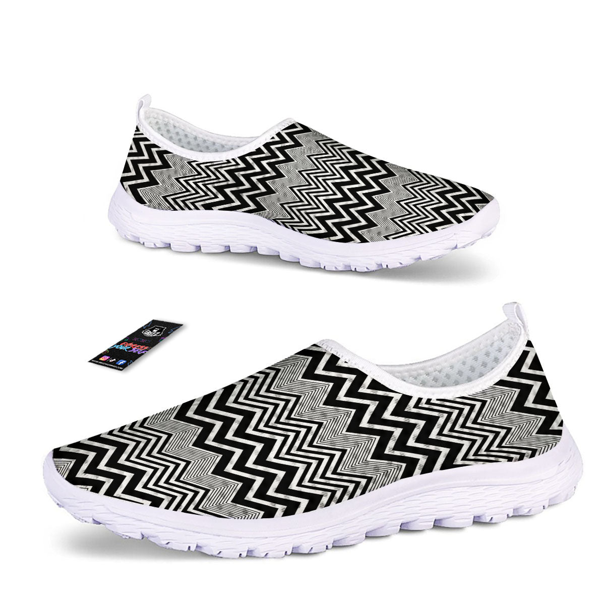 Zigzag White And Black Print Pattern Nurse Shoes-grizzshop