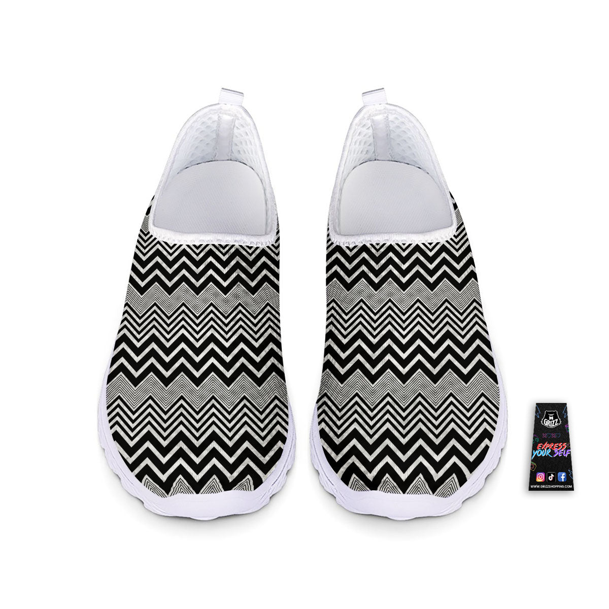 Zigzag White And Black Print Pattern Nurse Shoes-grizzshop