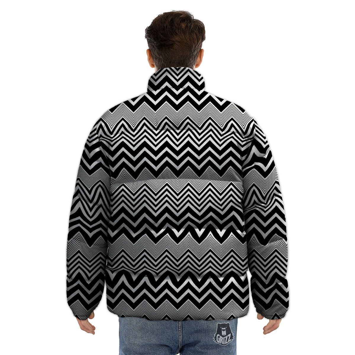 Zigzag White And Black Print Pattern Puffer Jacket-grizzshop