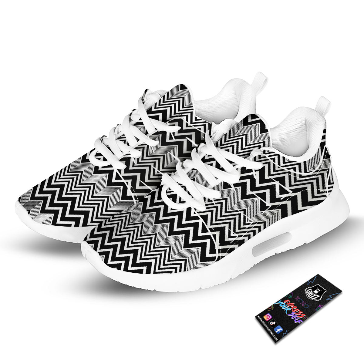 Zigzag White And Black Print Pattern Tennis Shoes-grizzshop