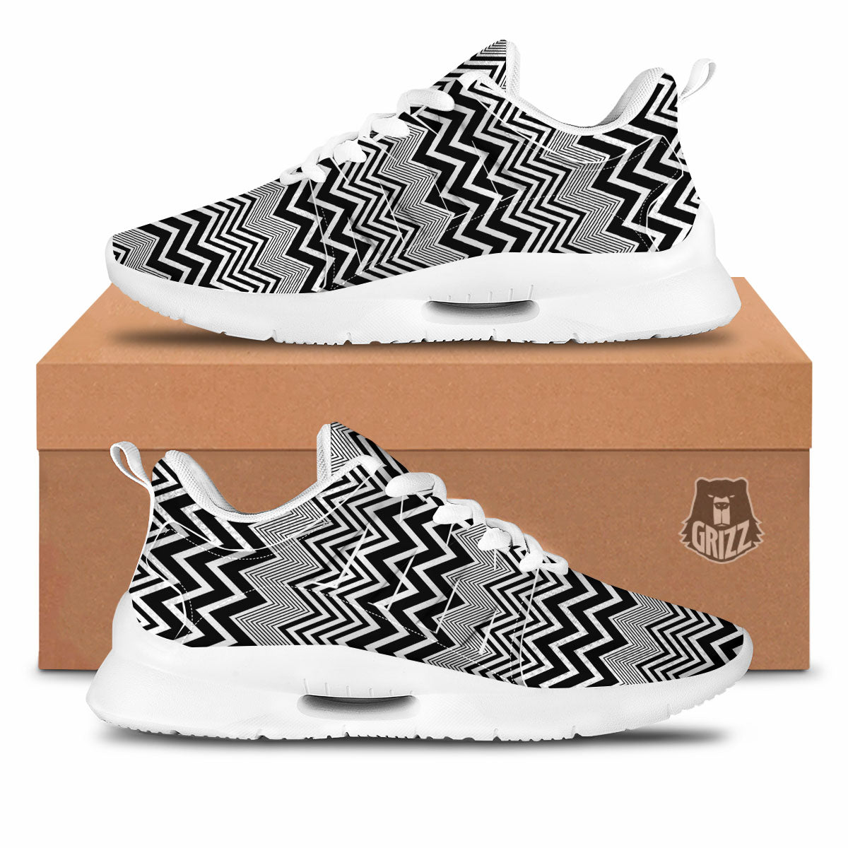 Zigzag White And Black Print Pattern Tennis Shoes-grizzshop