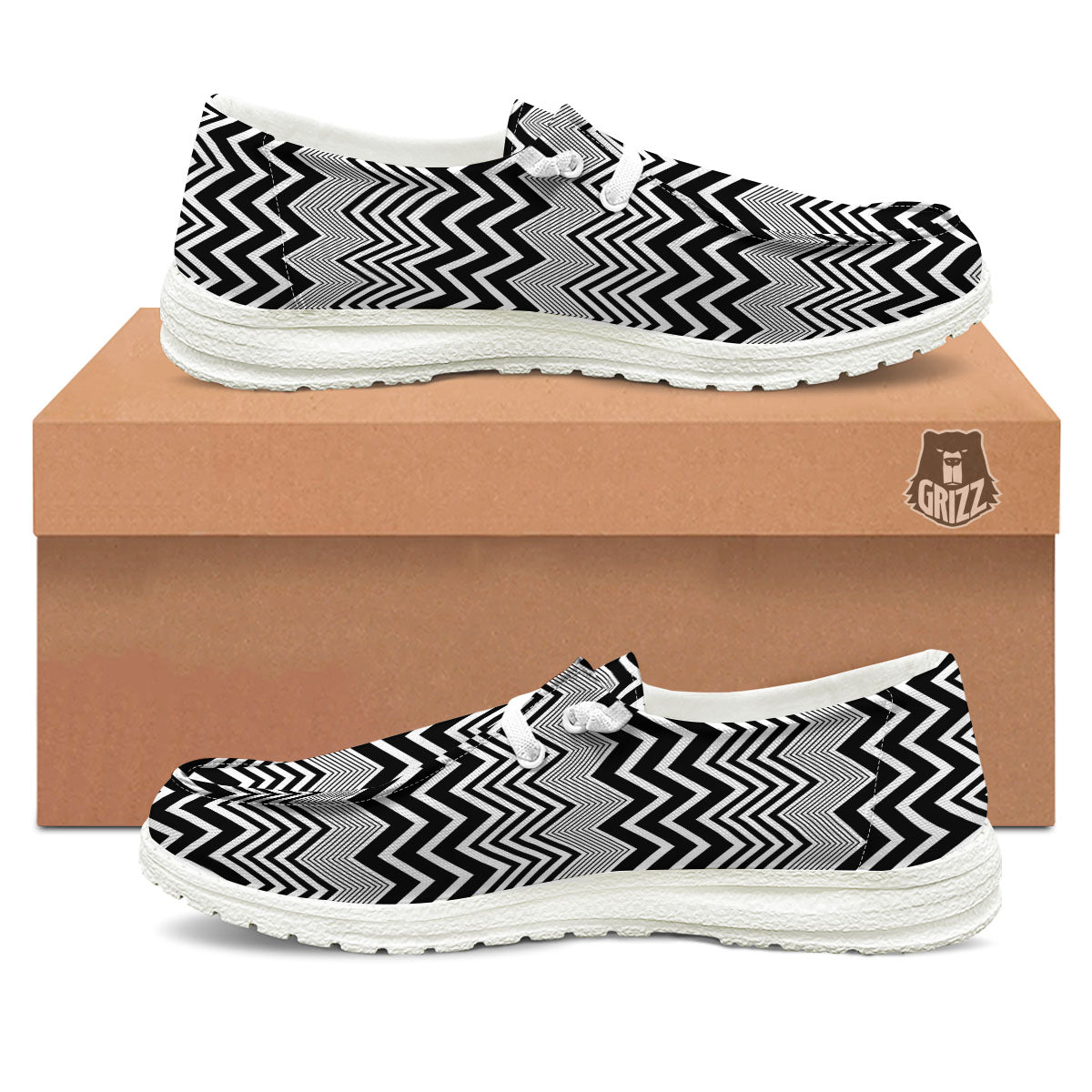 Zigzag White And Black Print Pattern White Loafers-grizzshop