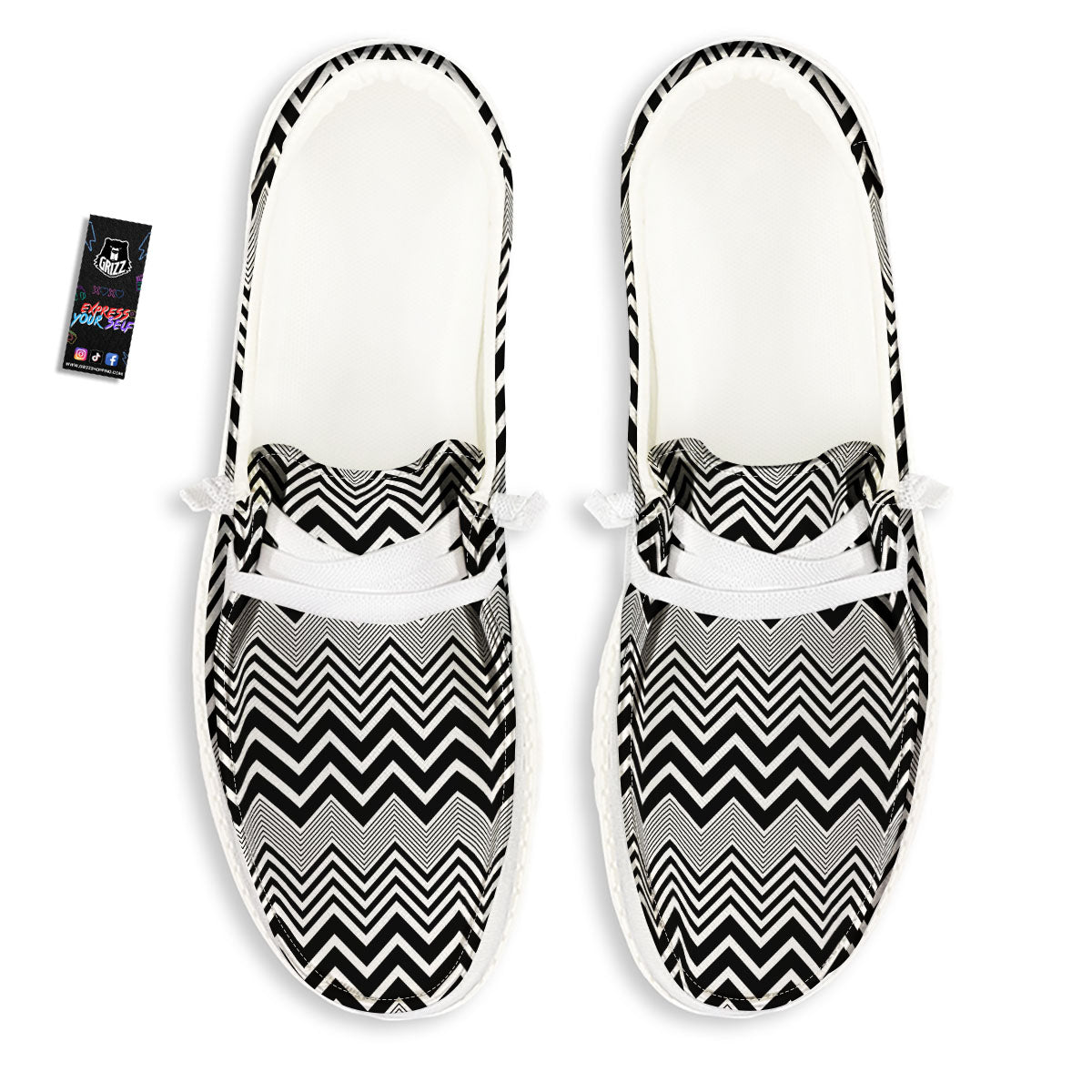 Zigzag White And Black Print Pattern White Loafers-grizzshop