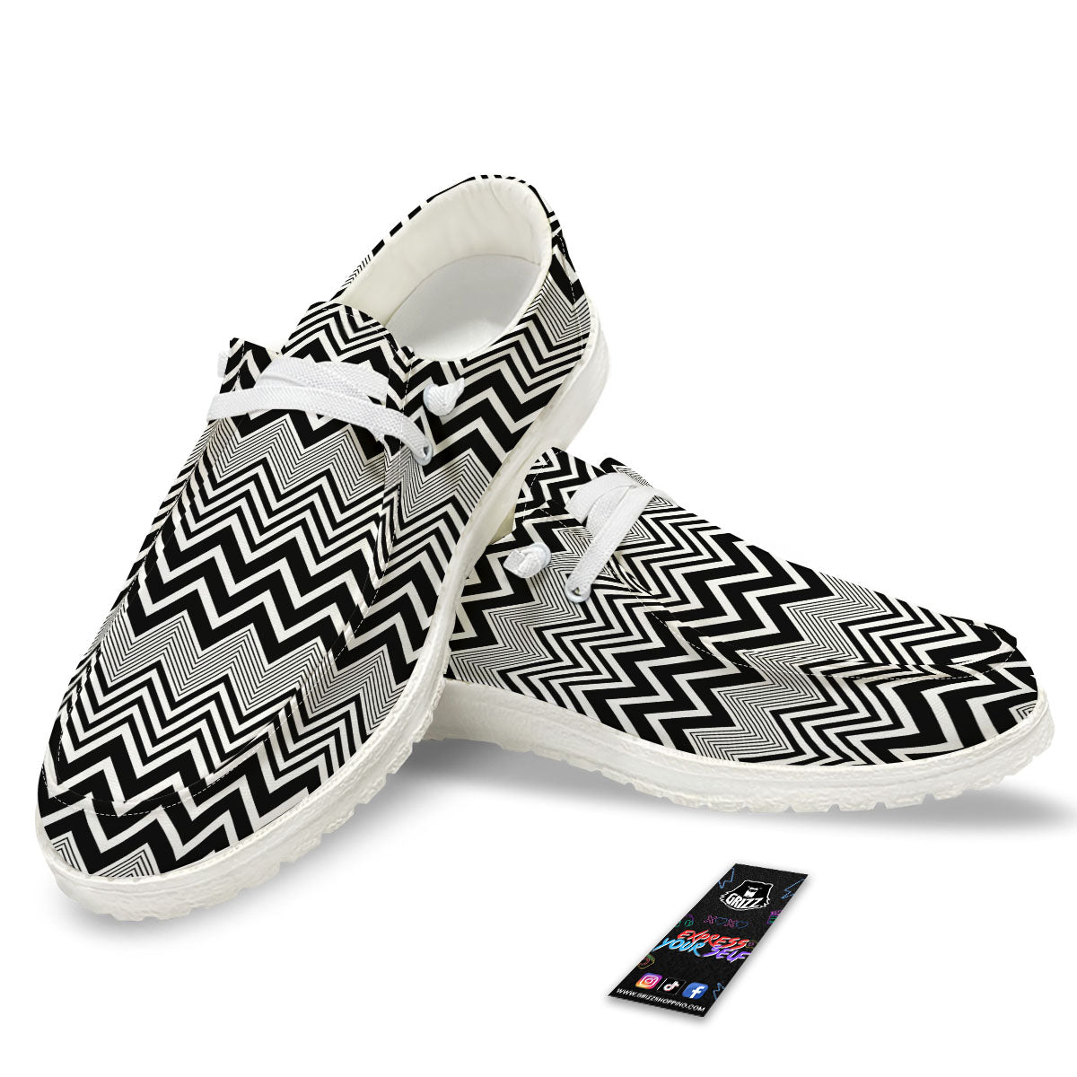 Zigzag White And Black Print Pattern White Loafers-grizzshop