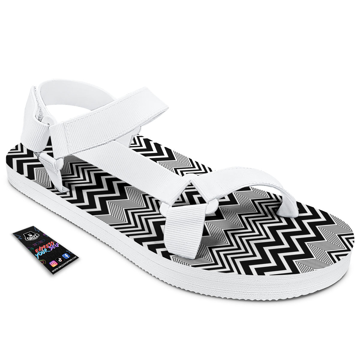 Zigzag White And Black Print Pattern White Open Toe Sandals-grizzshop