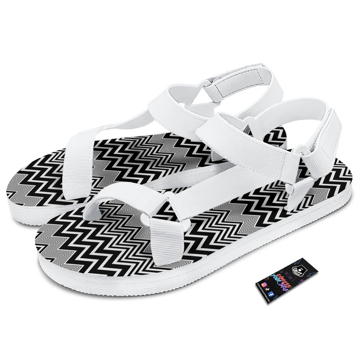 Zigzag White And Black Print Pattern White Open Toe Sandals-grizzshop