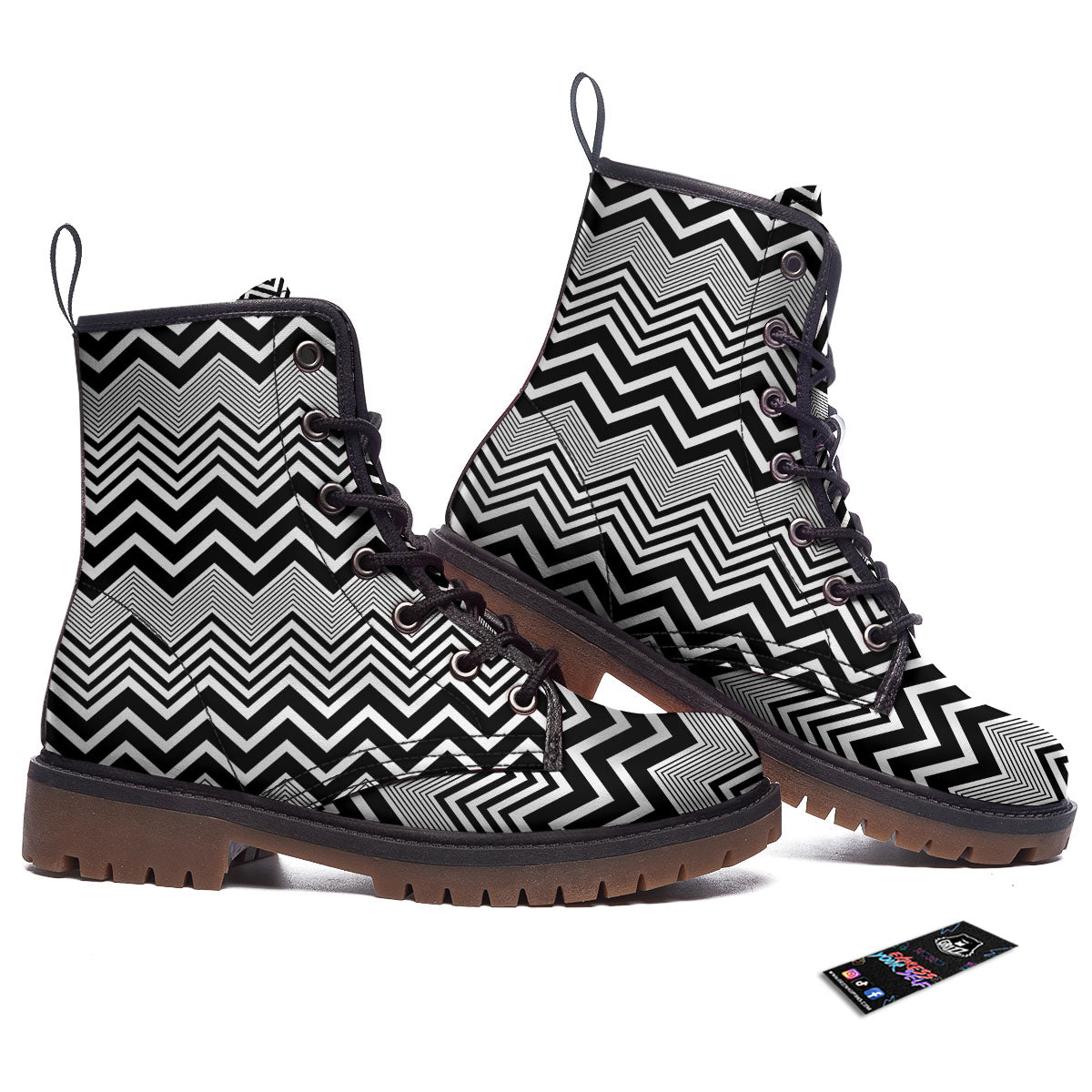 Zigzag White And Black Print Pattern Work Boots-grizzshop