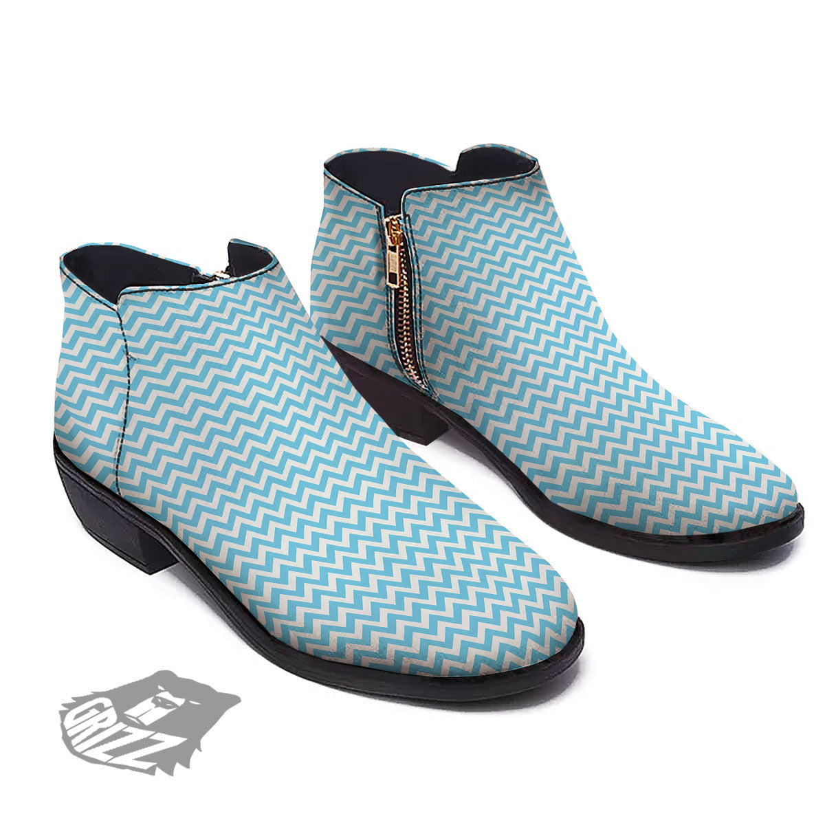 Zigzag White And Blue Print Pattern Ankle Boots-grizzshop