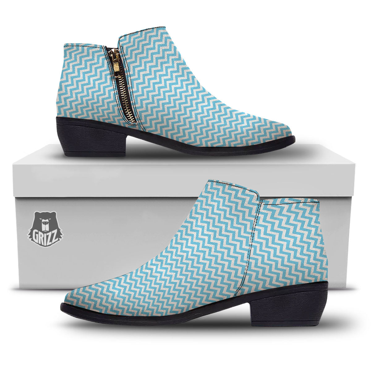 Zigzag White And Blue Print Pattern Ankle Boots-grizzshop