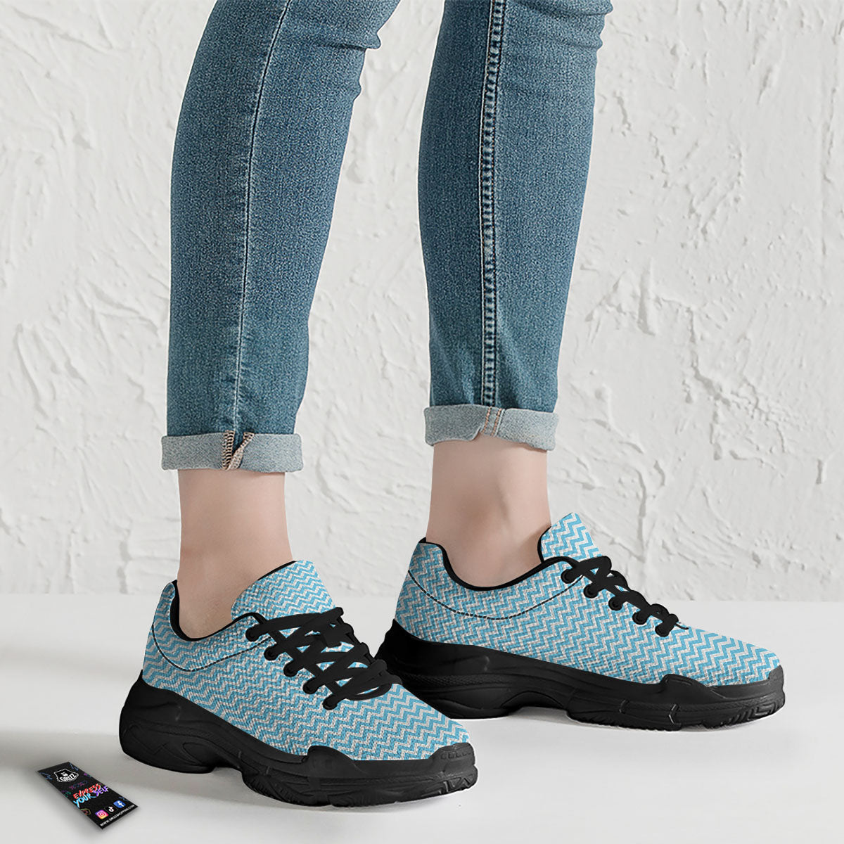 Zigzag White And Blue Print Pattern Black Chunky Shoes-grizzshop