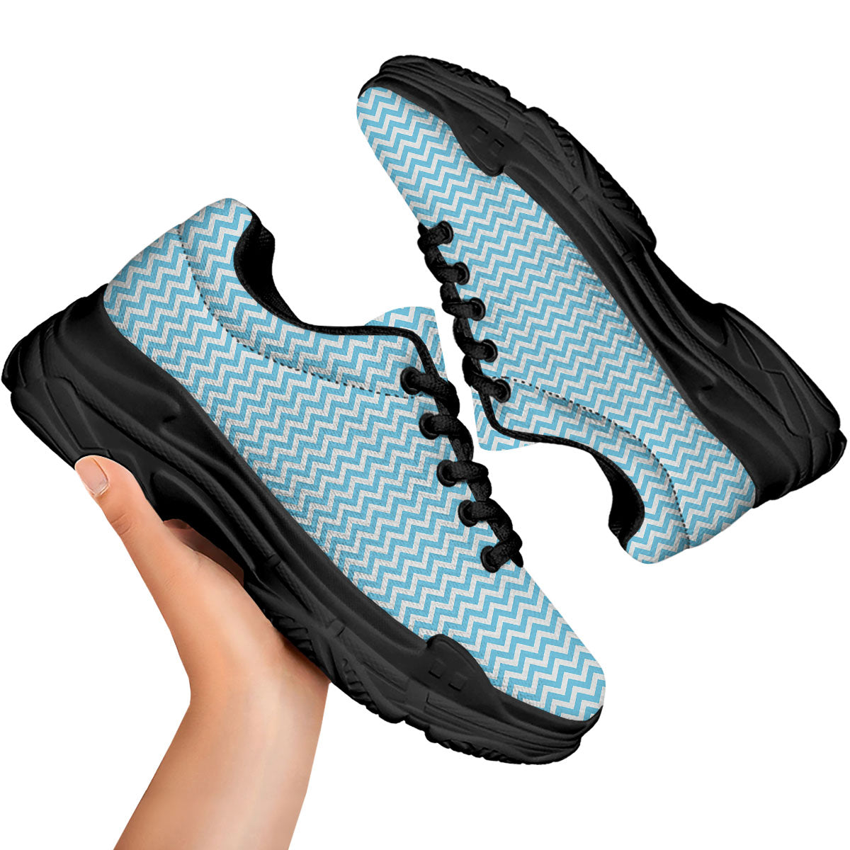 Zigzag White And Blue Print Pattern Black Chunky Shoes-grizzshop