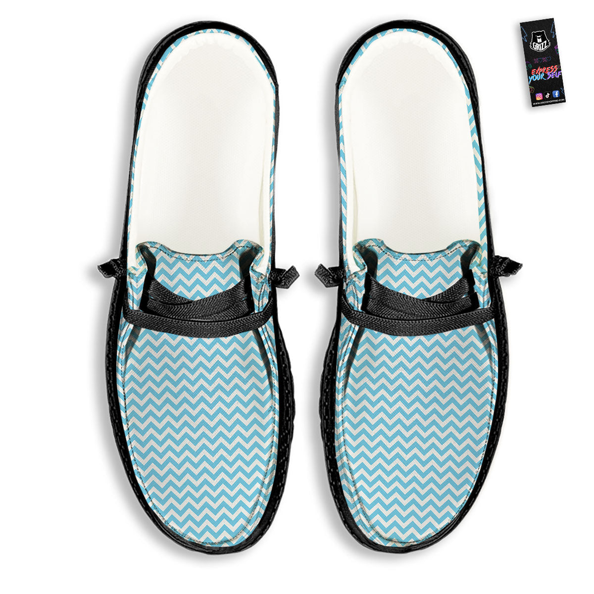 Zigzag White And Blue Print Pattern Black Loafers-grizzshop