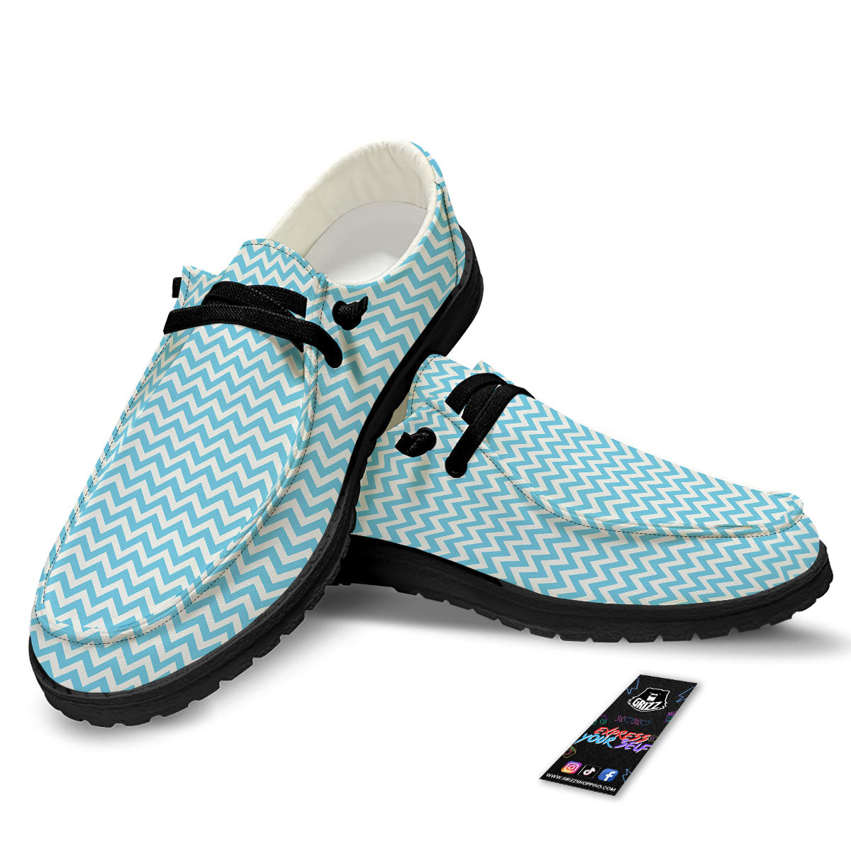 Zigzag White And Blue Print Pattern Black Loafers-grizzshop