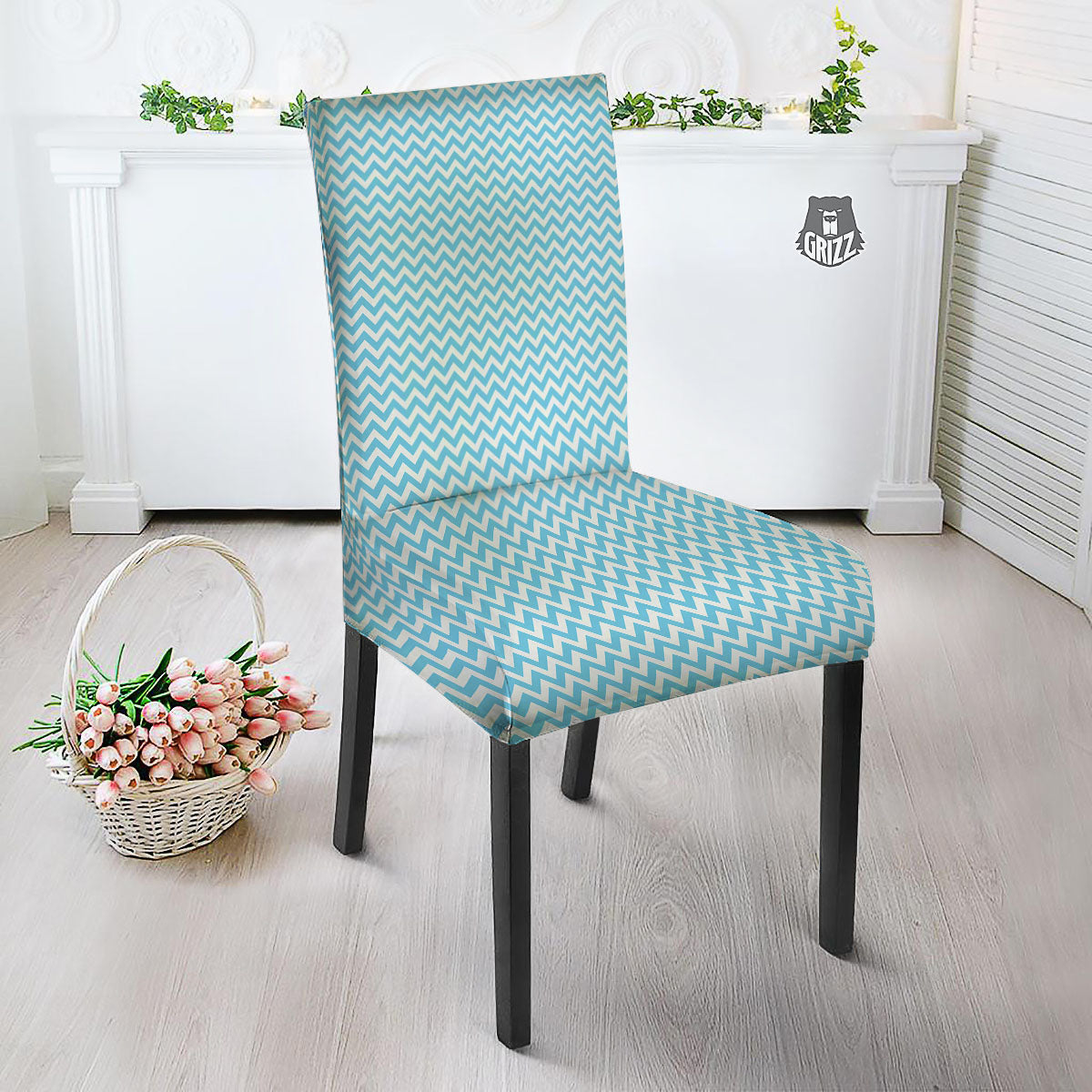 Zigzag White And Blue Print Pattern Dining Chair Slipcover-grizzshop