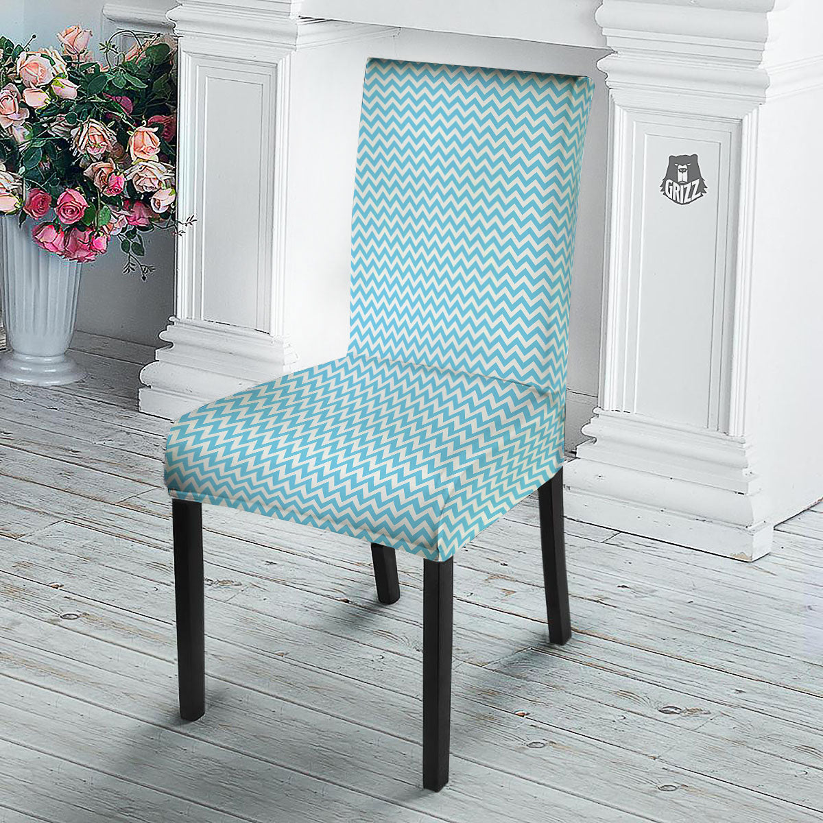 Zigzag White And Blue Print Pattern Dining Chair Slipcover-grizzshop