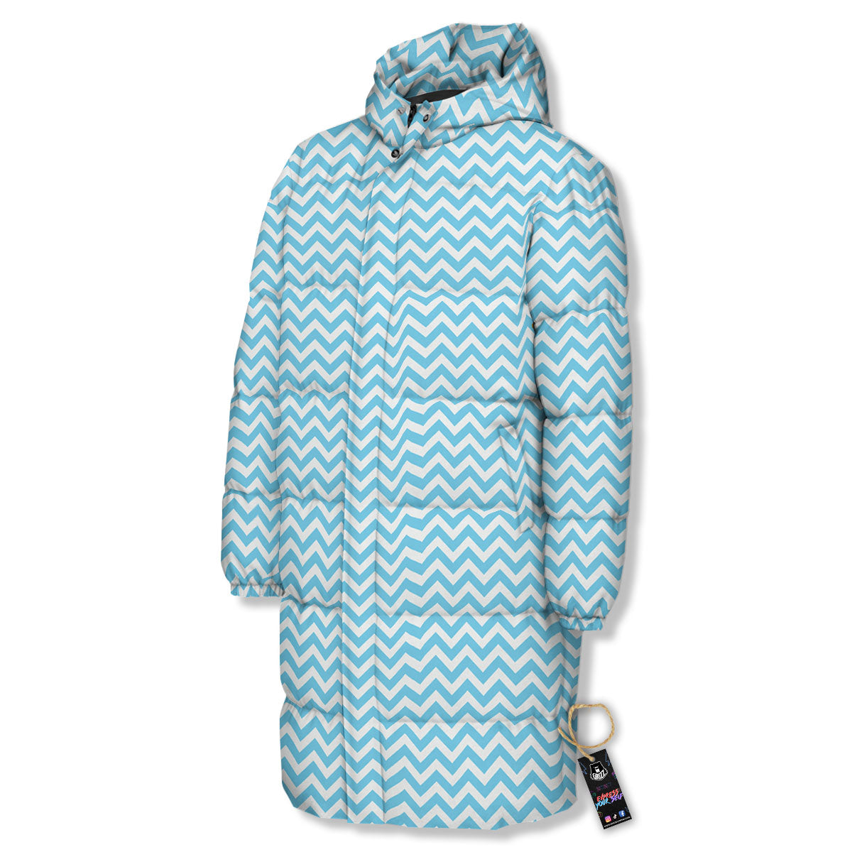 Zigzag White And Blue Print Pattern Long Down Jacket-grizzshop