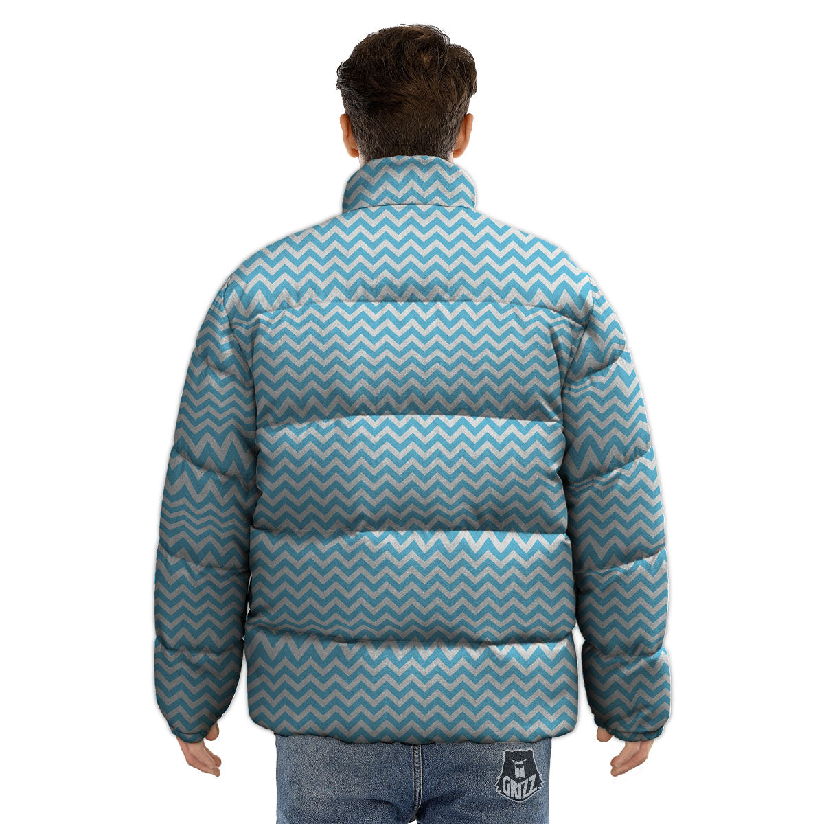 Zigzag White And Blue Print Pattern Puffer Jacket-grizzshop