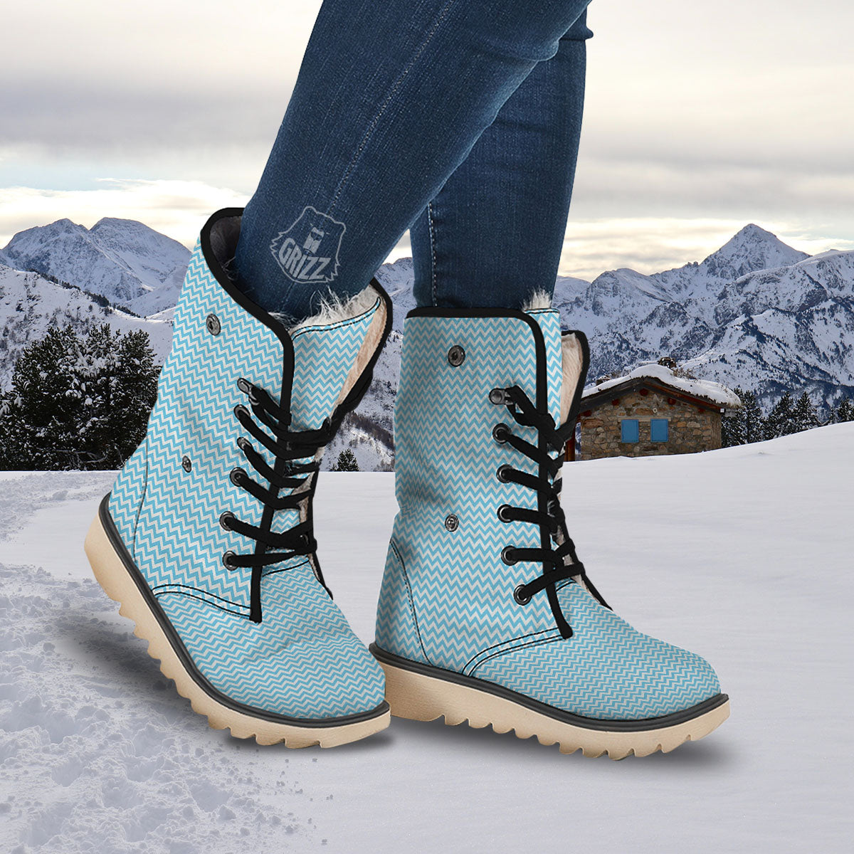 Zigzag White And Blue Print Pattern Snow Boots-grizzshop