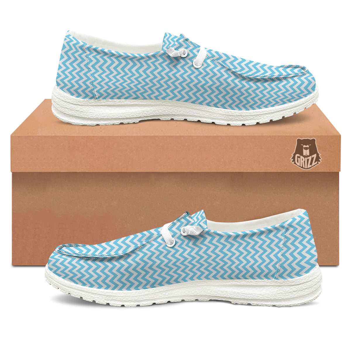 Zigzag White And Blue Print Pattern White Loafers-grizzshop