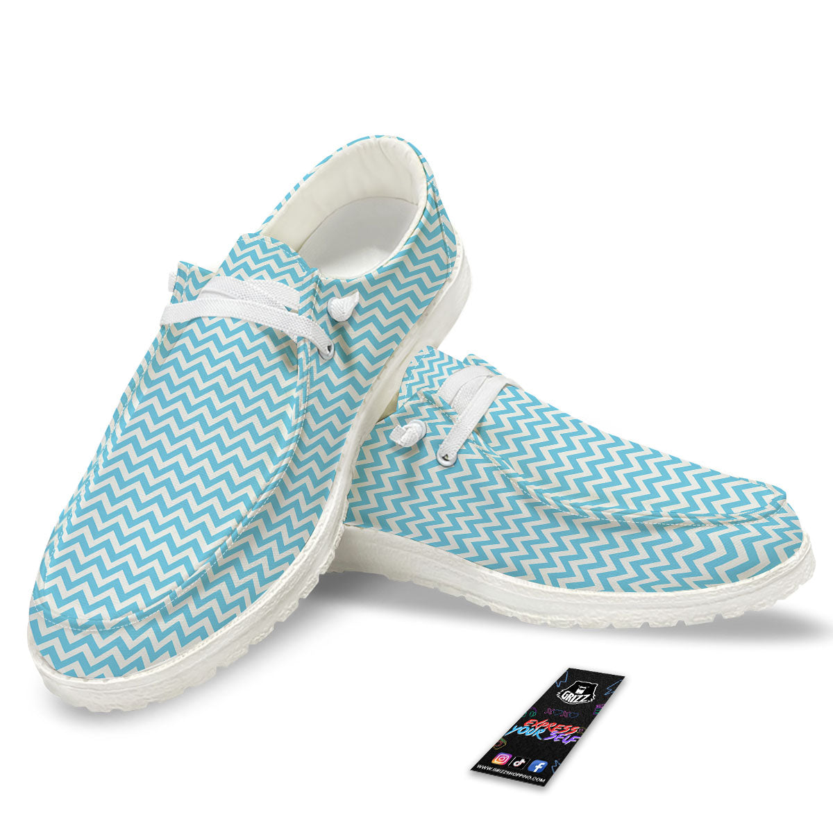 Zigzag White And Blue Print Pattern White Loafers-grizzshop