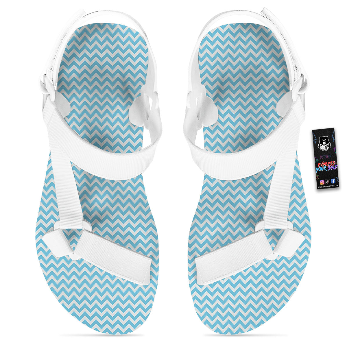 Zigzag White And Blue Print Pattern White Open Toe Sandals-grizzshop