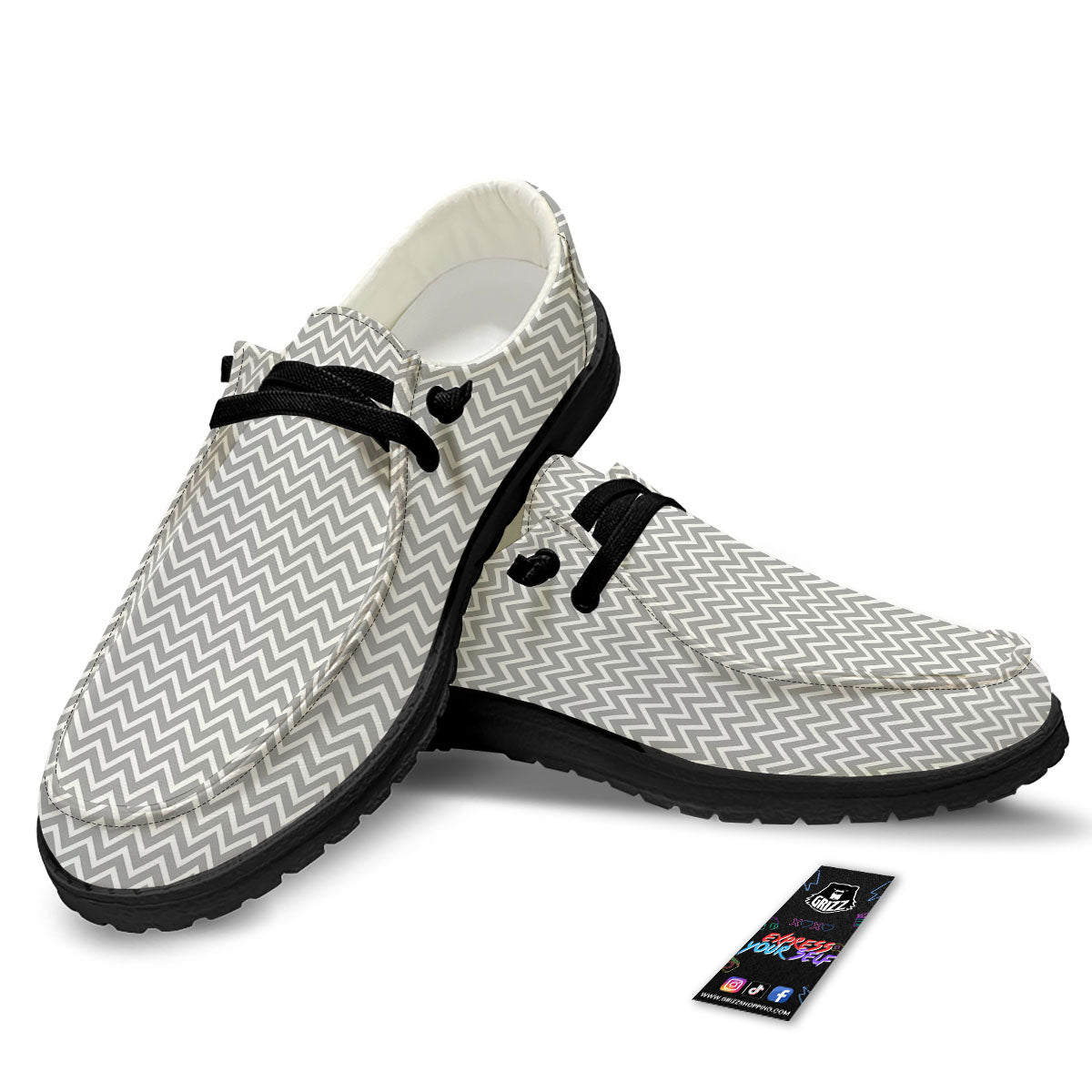 Zigzag White And Grey Print Pattern Black Loafers-grizzshop