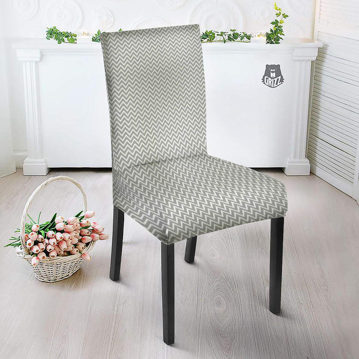 Zigzag White And Grey Print Pattern Dining Chair Slipcover-grizzshop