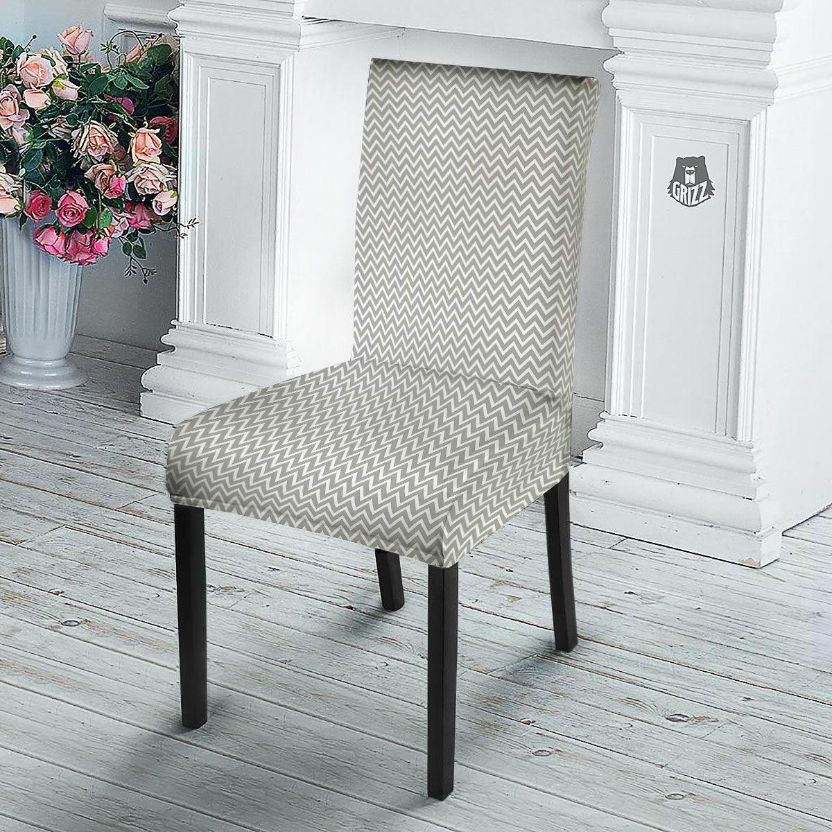 Zigzag White And Grey Print Pattern Dining Chair Slipcover-grizzshop