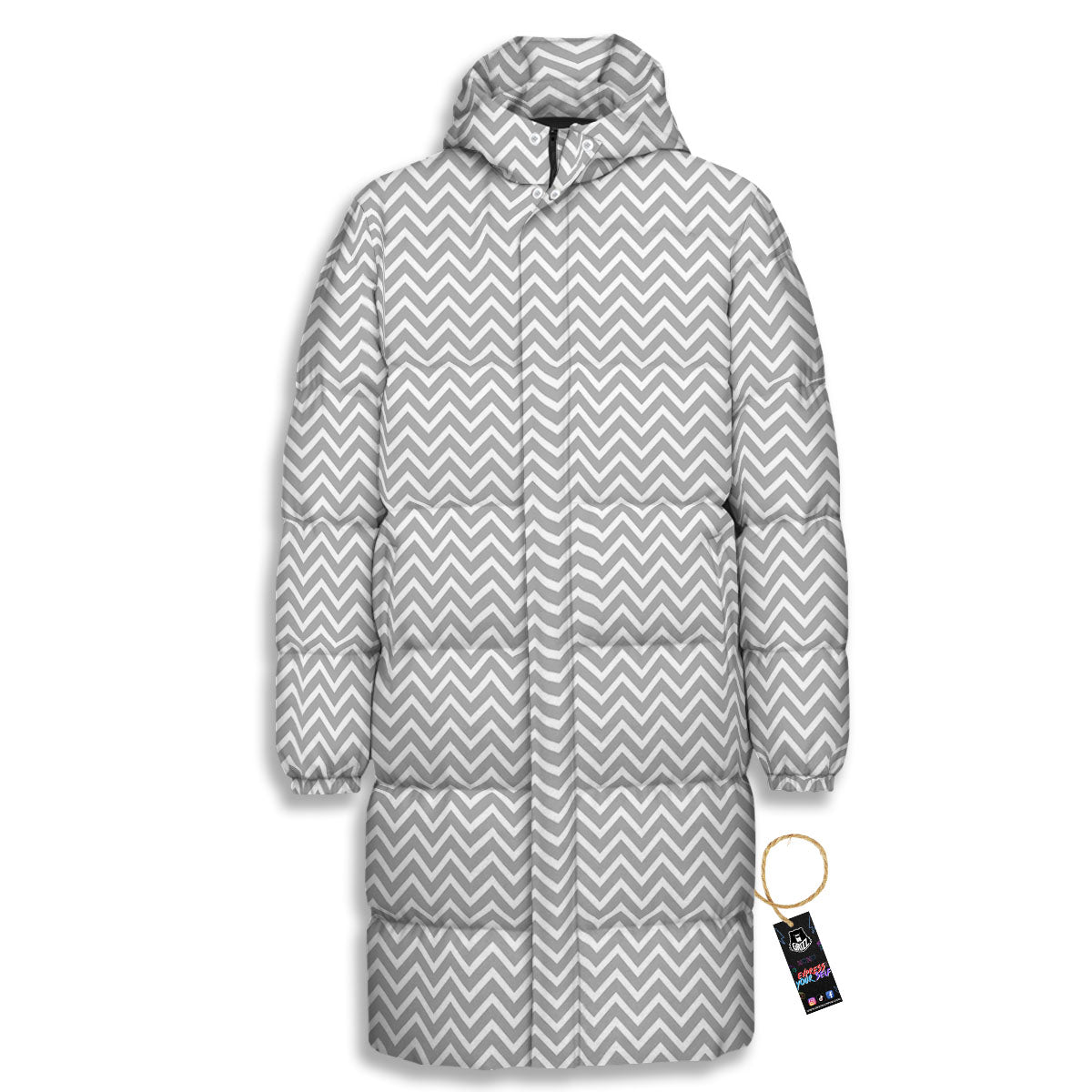 Zigzag White And Grey Print Pattern Long Down Jacket-grizzshop