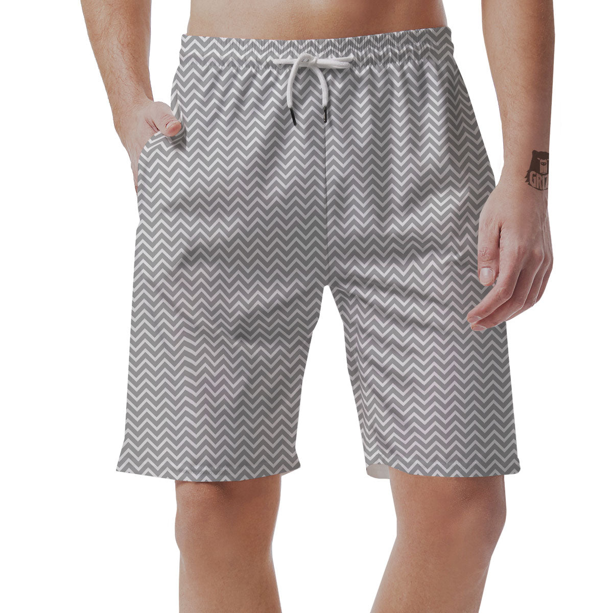 Zigzag White And Grey Print Pattern Men's Shorts-grizzshop