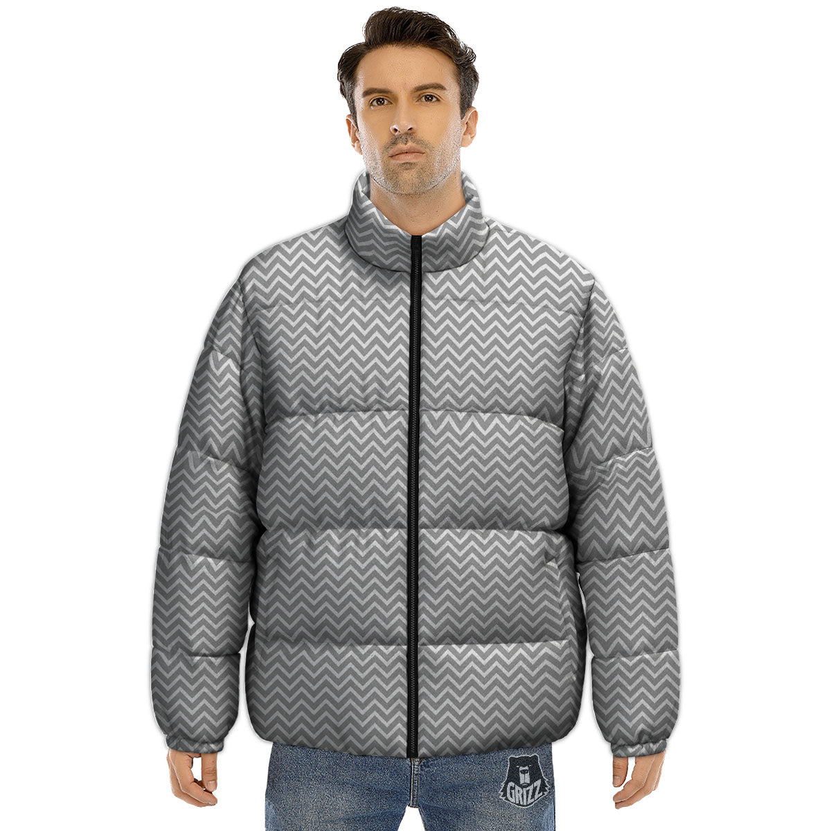 Zigzag White And Grey Print Pattern Puffer Jacket-grizzshop