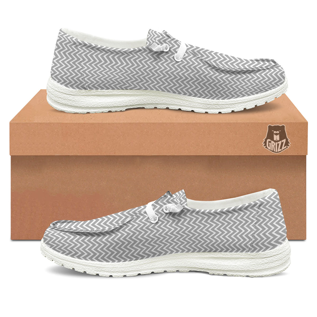 Zigzag White And Grey Print Pattern White Loafers-grizzshop