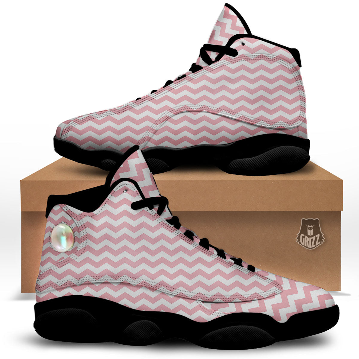 Zigzag White And Pink Print Pattern Black Basketball Shoes-grizzshop