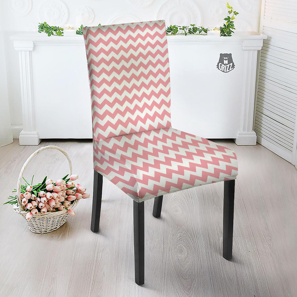 Zigzag White And Pink Print Pattern Dining Chair Slipcover-grizzshop